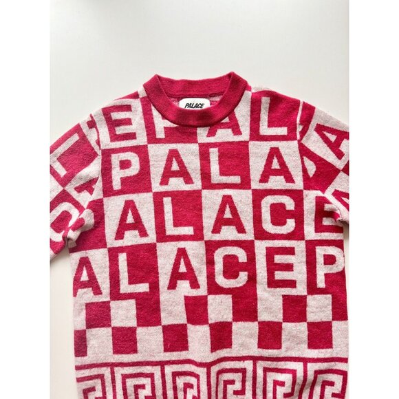PALACE Check-It Knit Red White Logo Check Wool Blend Crew Neck Sweater, Size L - Picture 6 of 16